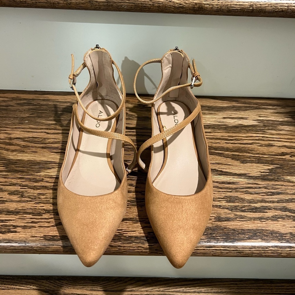 Aldo Tan Suede with Gold Heel Ankle Strap Flats - Picture 3 of 7